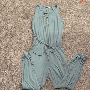 Sleeveless Sage Green Drawstring Jumpsuit with Button Placket